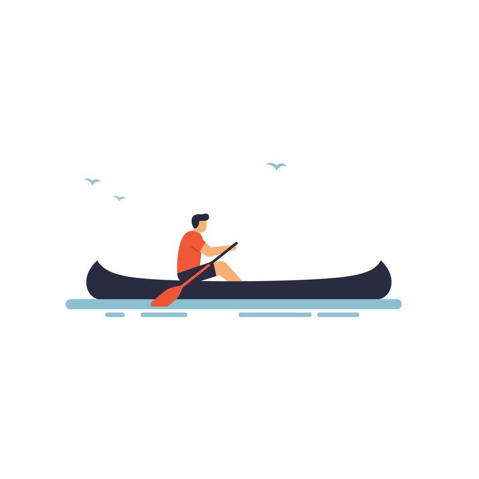 Person in a canoe paddling through calm water in flat art vector