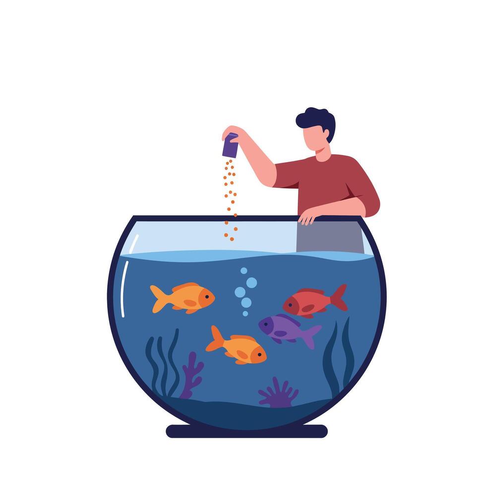 Person feeding colorful fish in a round fishbowl in flat art vector