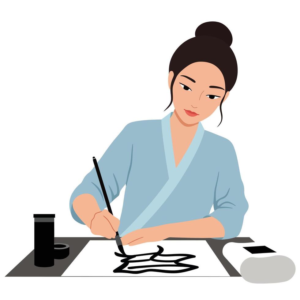 Woman creating art with brush in minimal flat design illustration vector