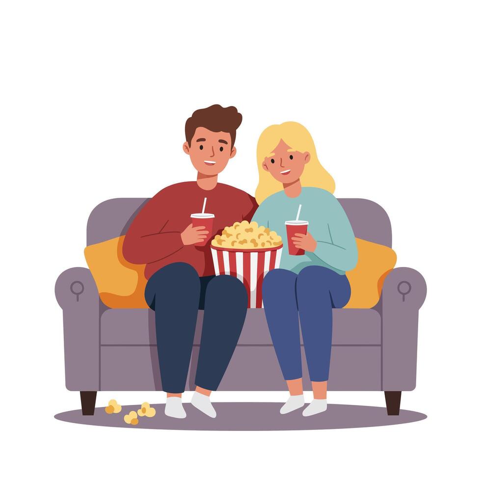 Couple enjoying movie night on couch with popcorn in flat illustration vector