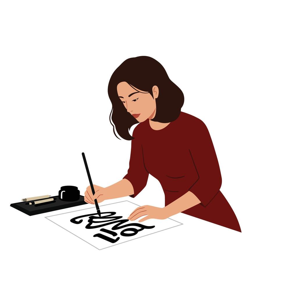 Woman creating beautiful calligraphy design in minimal style art vector