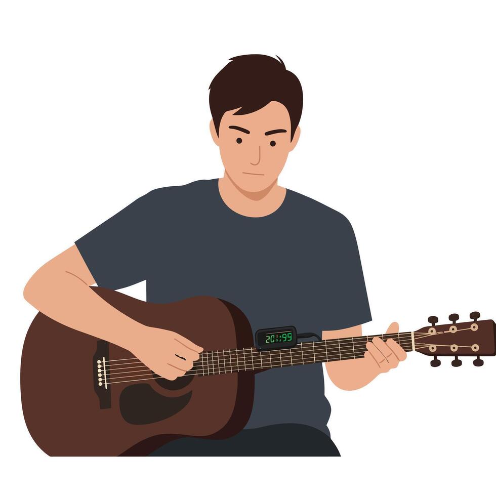 Young man playing acoustic guitar in flat art style with digital elements illustration vector