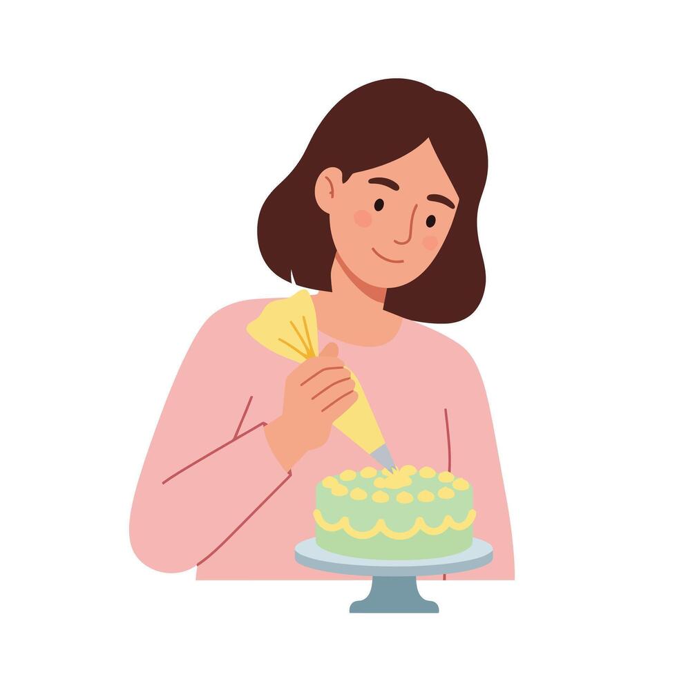 Woman decorating a cake with icing in flat design illustration vector