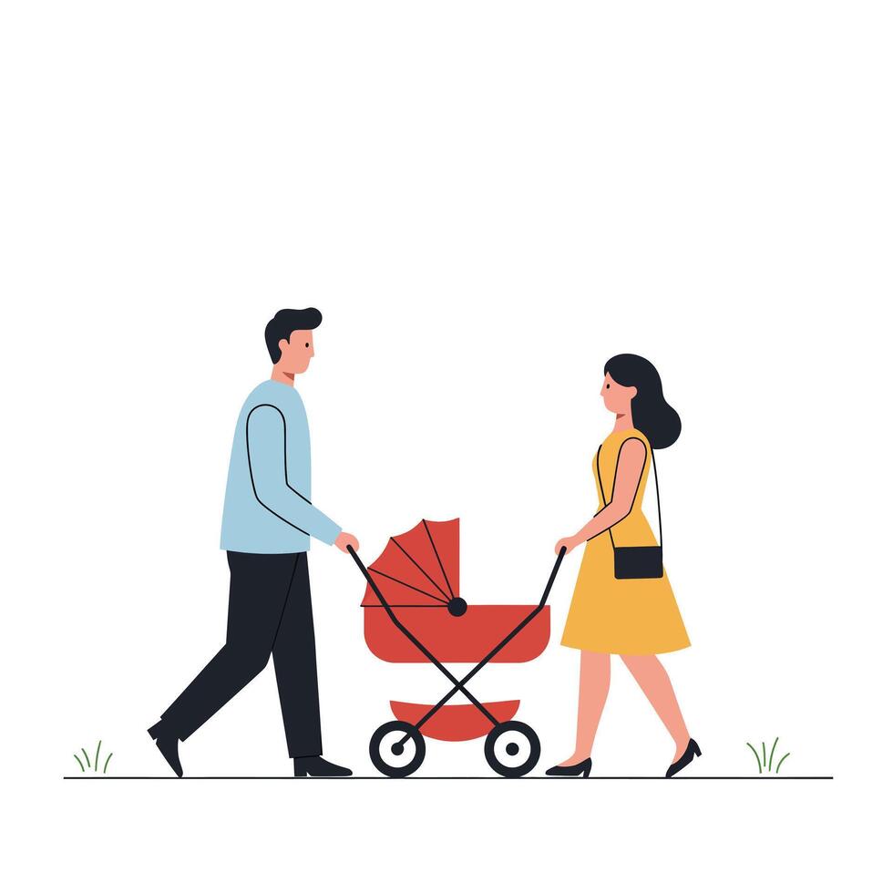 A couple walking together with a stroller in flat art style vector