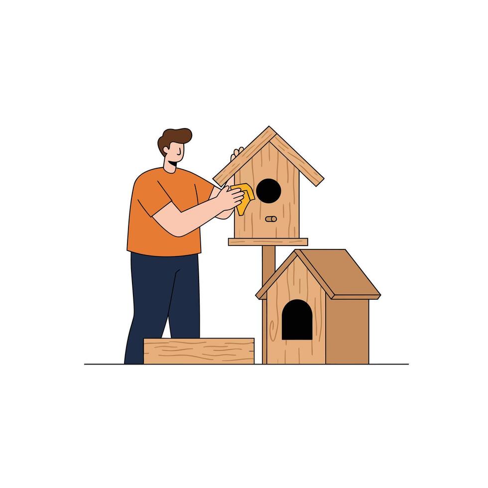 Person assembling wooden birdhouses in a minimal, flat design illustration vector