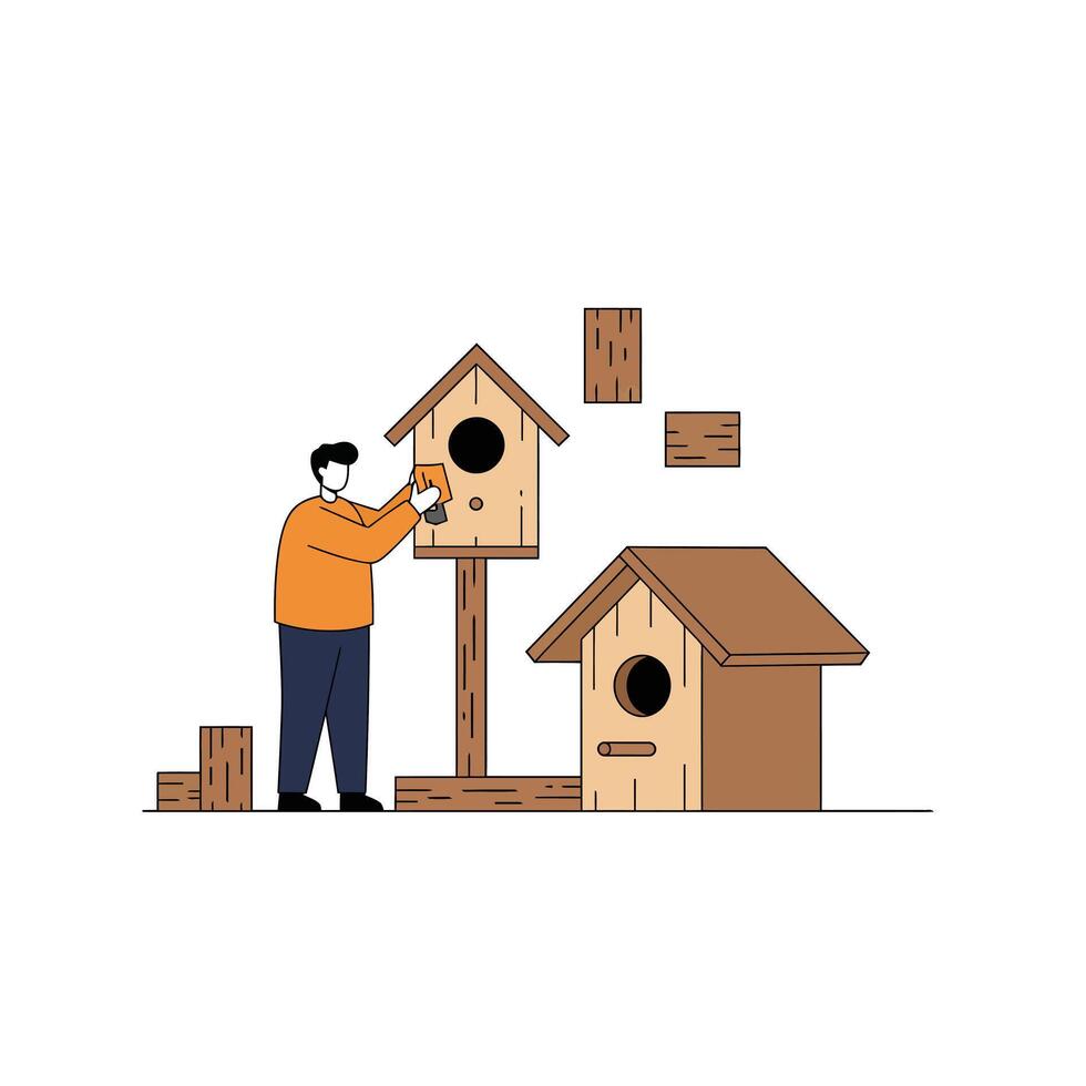 Person assembling birdhouses in a minimal style with wooden elements and tools, illustration vector