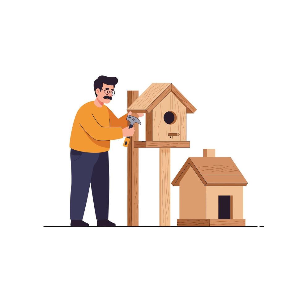 Man assembling a birdhouse in a flat design style art vector