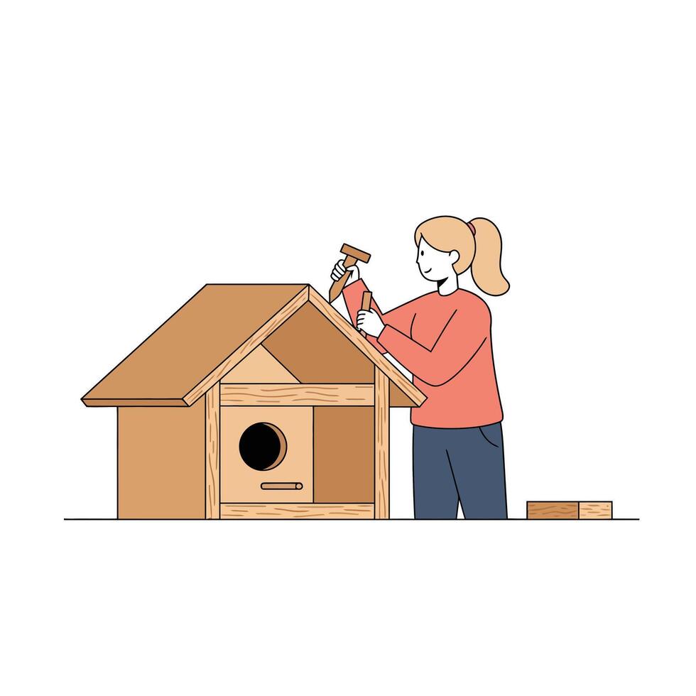 Woman building a wooden dog house in flat art style vector