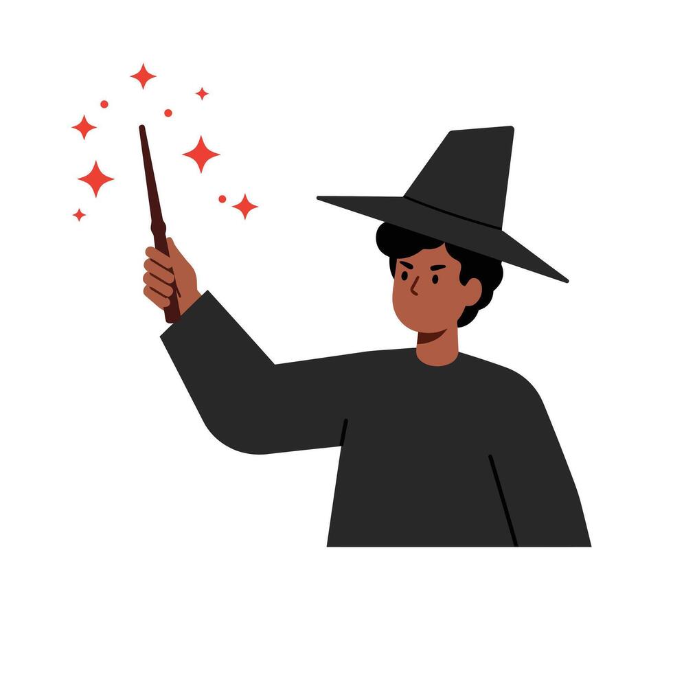 Young wizard casting a spell with a wand in flat art vector