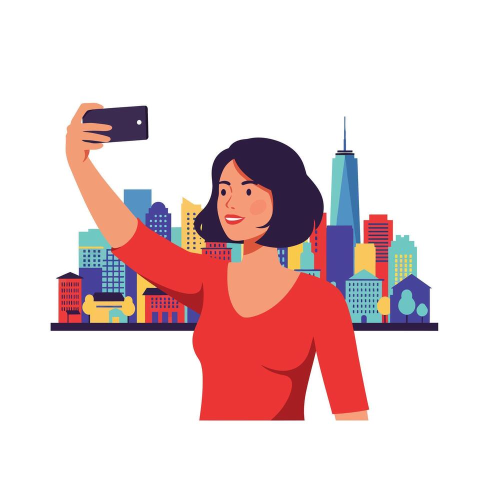 Woman taking a selfie with colorful city skyline in minimal art vector