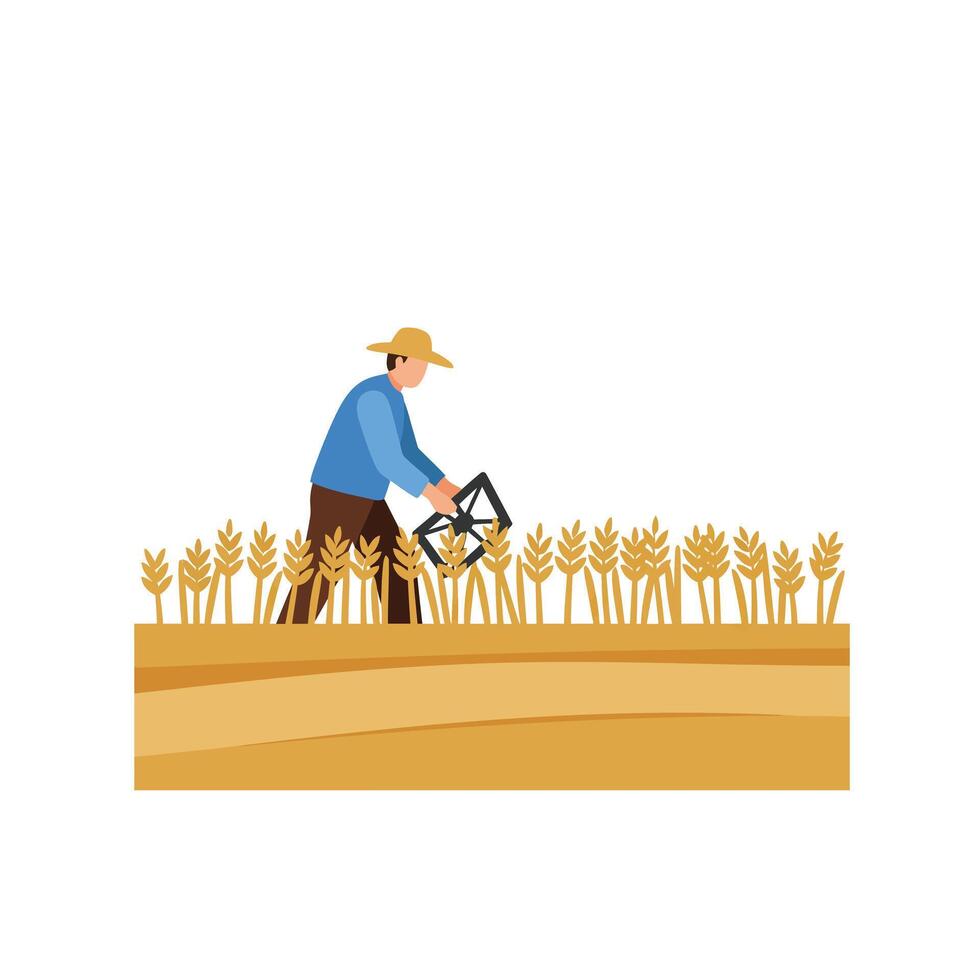 Farmer harvesting crops in sunny field with flat design style art vector