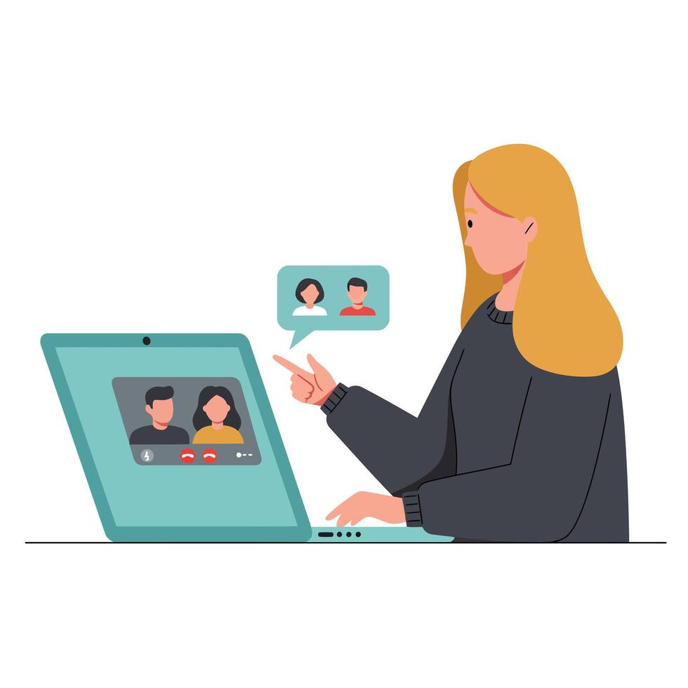 Woman engaging in call with laptop in flat art style vector