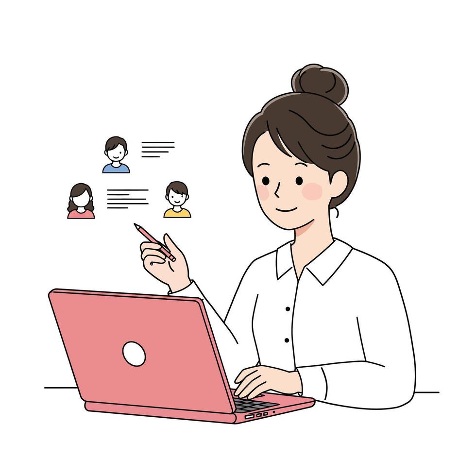 Woman using laptop to connect with others in flat art vector