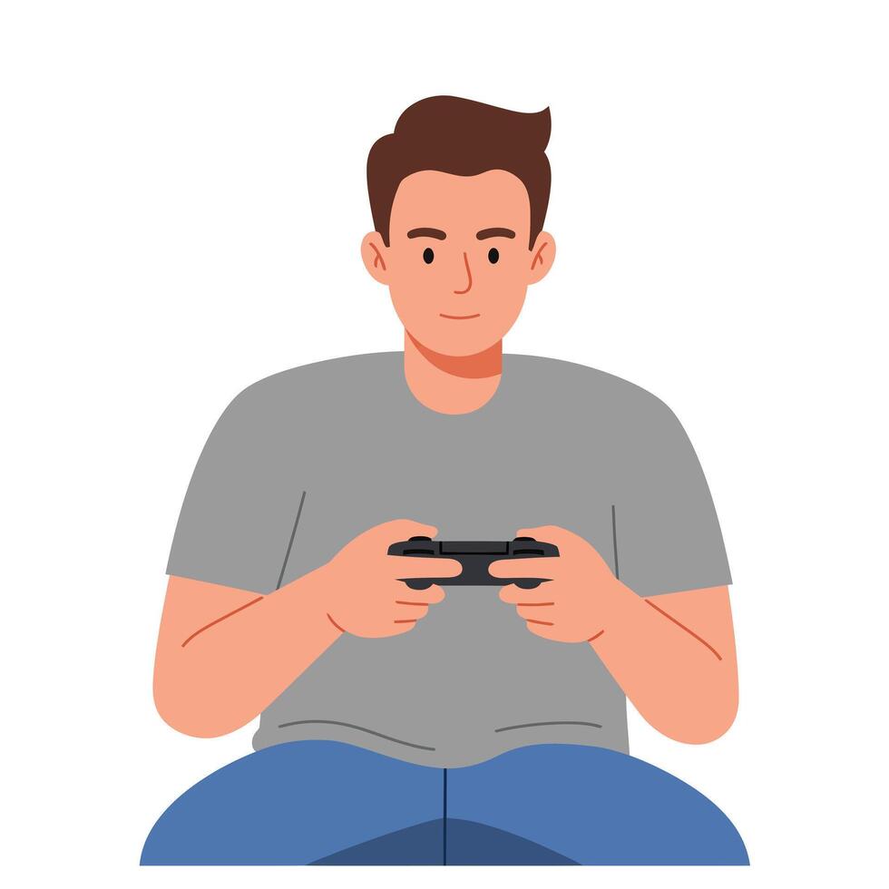 Young man gaming in casual attire, flat design art vector