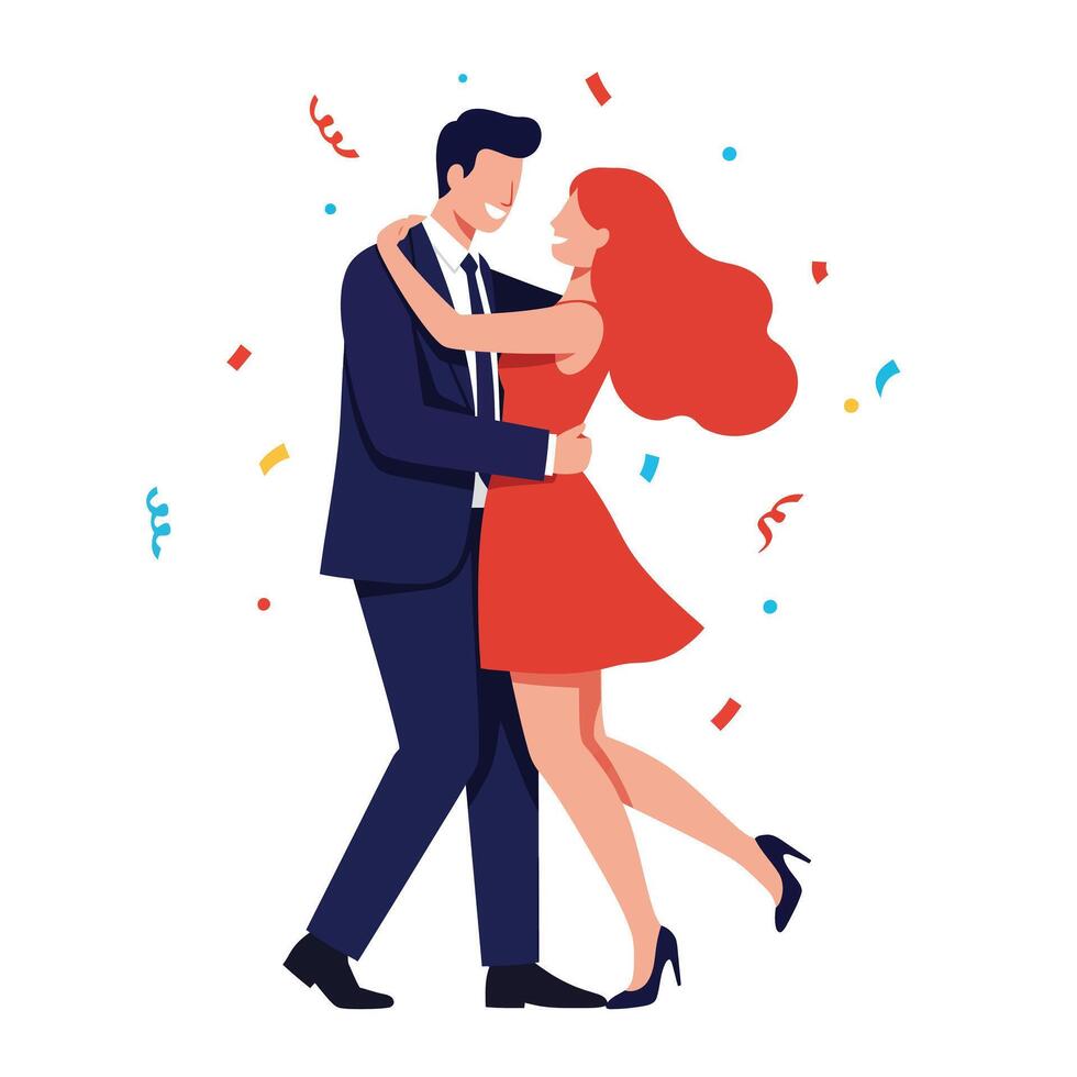 Couple dancing joyfully in celebration with confetti in flat art vector