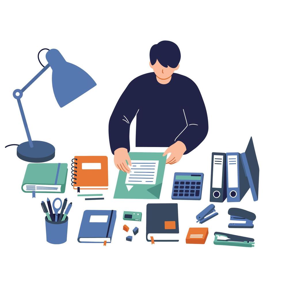 Person working at a desk with office supplies in flat art vector