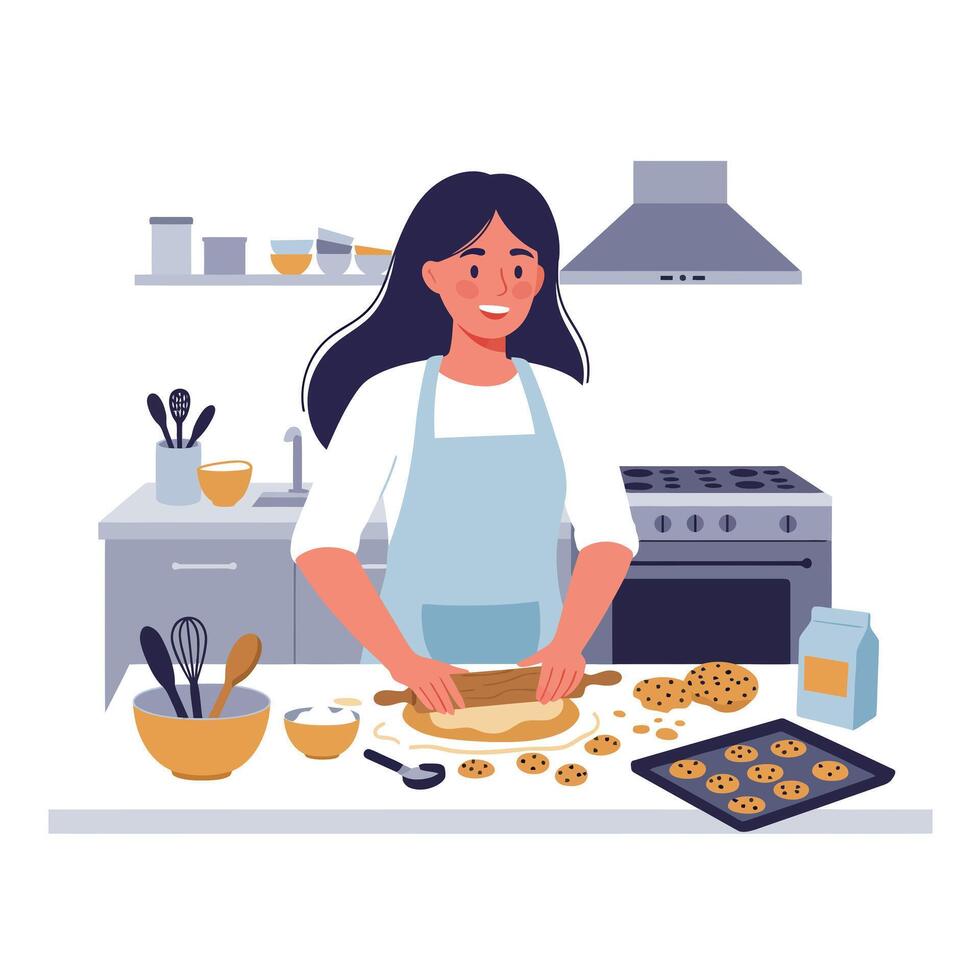 Woman baking cookies in a cozy kitchen with flat art style illustration vector