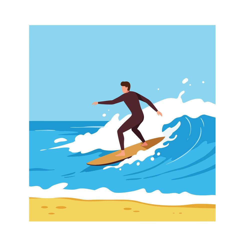 Surfer riding a wave in a minimal flat design illustration vector