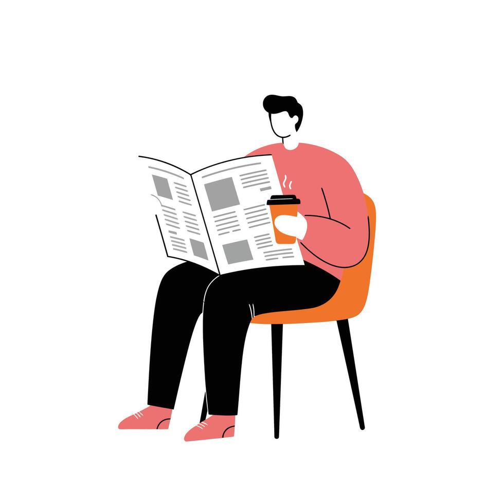 Person sitting on chair reading newspaper in minimal flat art vector