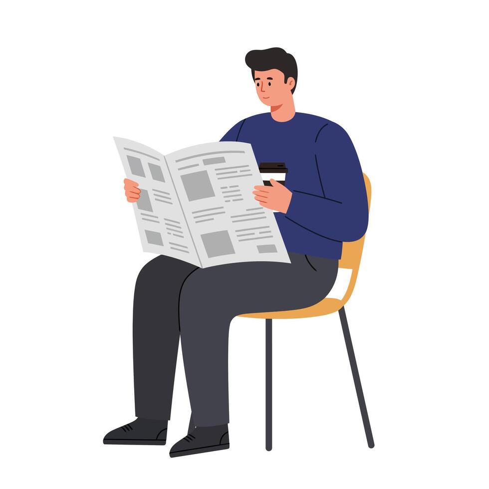 Man sitting on chair reading newspaper with coffee in flat illustration vector