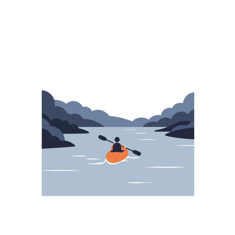 Kayaking on a serene river with clouds in flat art vector