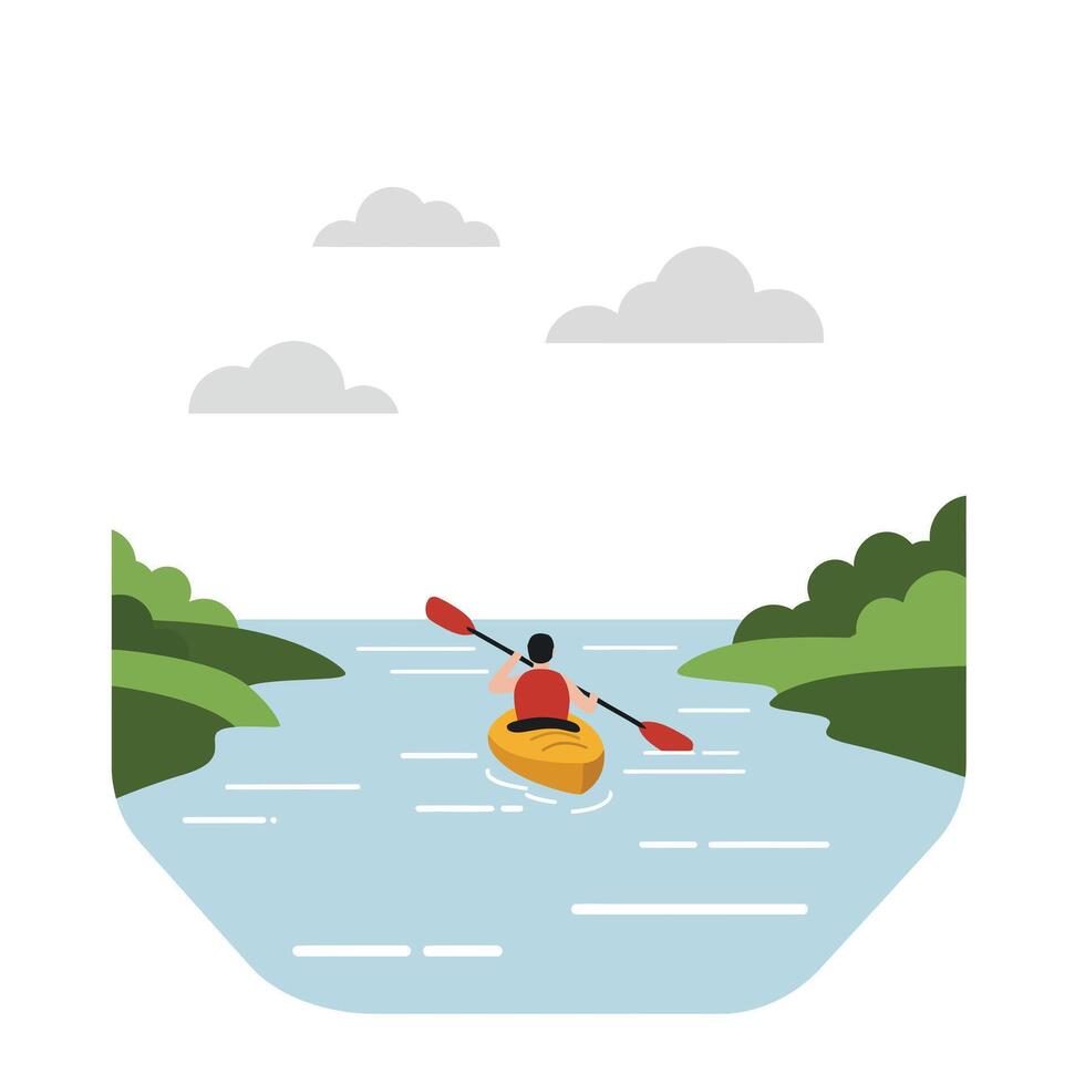 Kayaking on a serene river with lush greenery in flat art vector