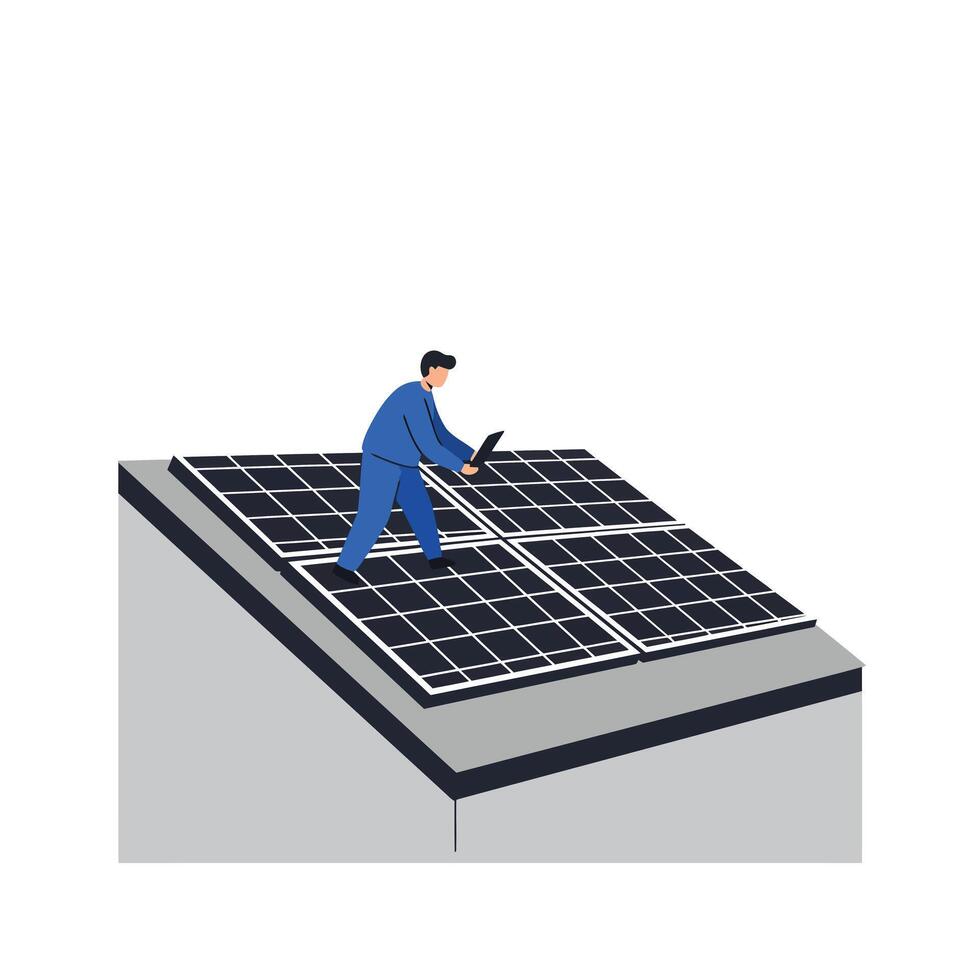 Technician inspecting solar panels on a rooftop in flat art vector
