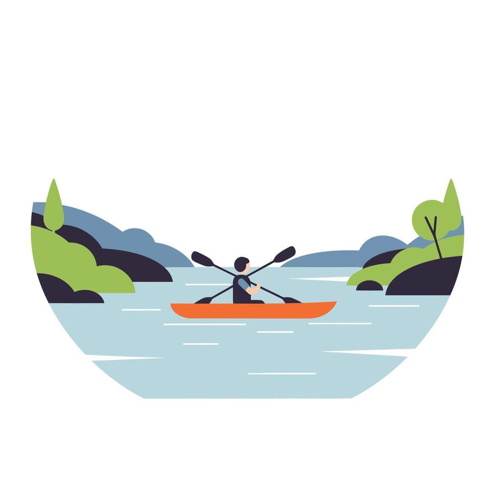 Kayaking adventure in serene waters, flat design showcasing nature, illustration vector