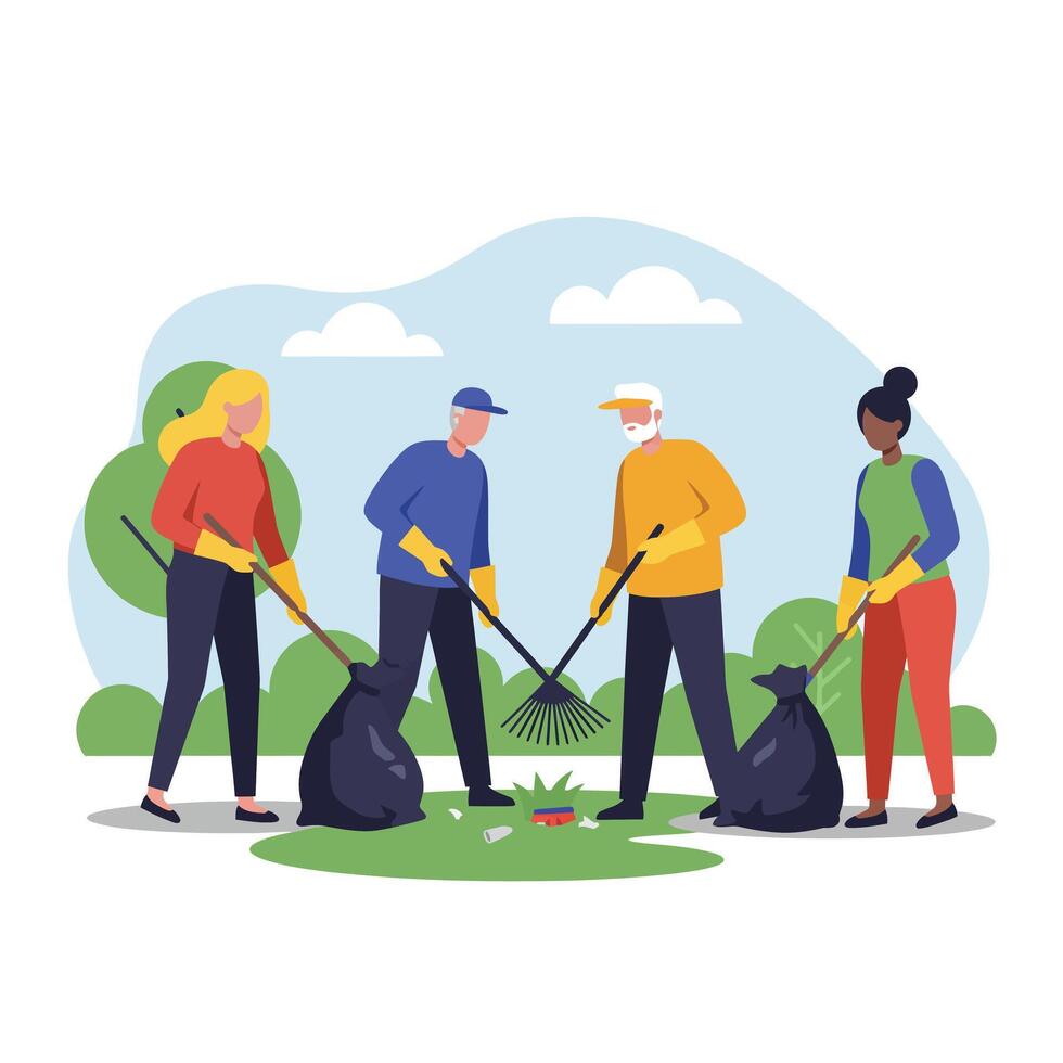 Community members participating in outdoor cleanup activity in flat art vector