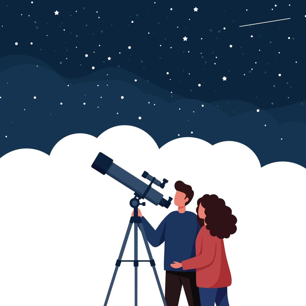 Couple gazing at stars with telescope in flat art design vector
