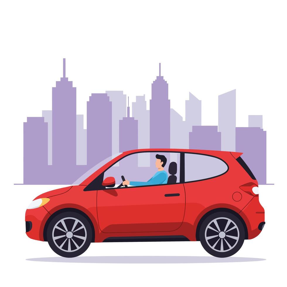Red car driving through a city skyline in flat art vector