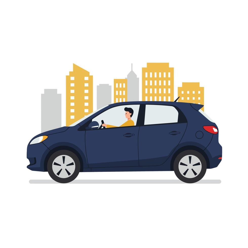 Car driving through a cityscape in a flat and colorful illustration vector