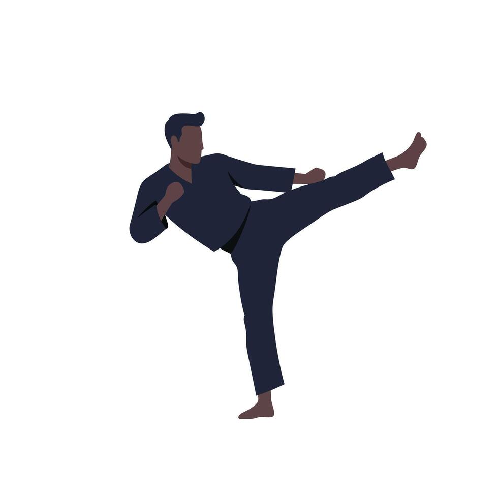 Martial artist performing a high kick in flat and minimal art vector