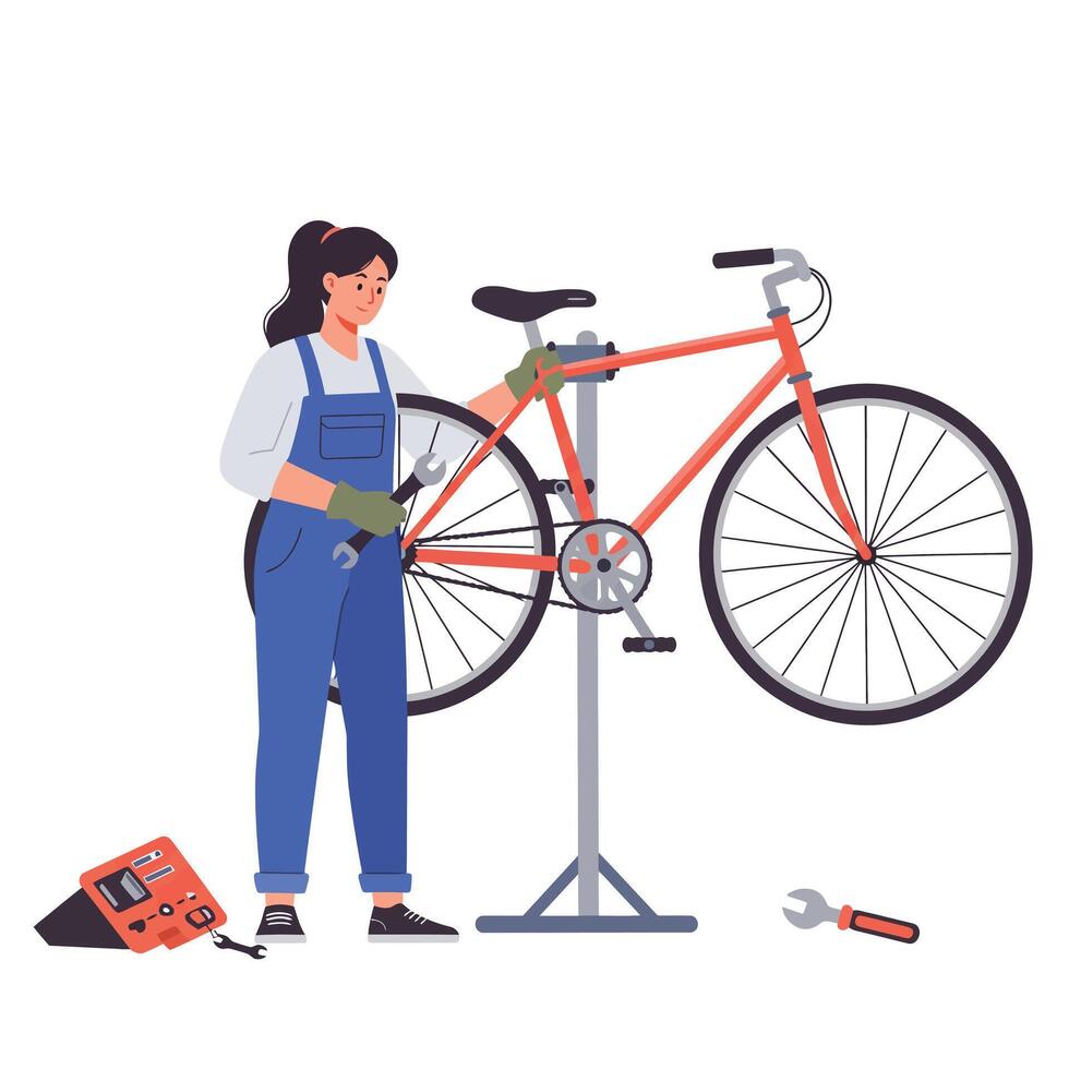 Bicycle mechanic working on bike repair in flat art style vector