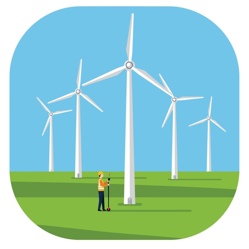 Wind turbine technician inspecting renewable energy sources in flat art vector