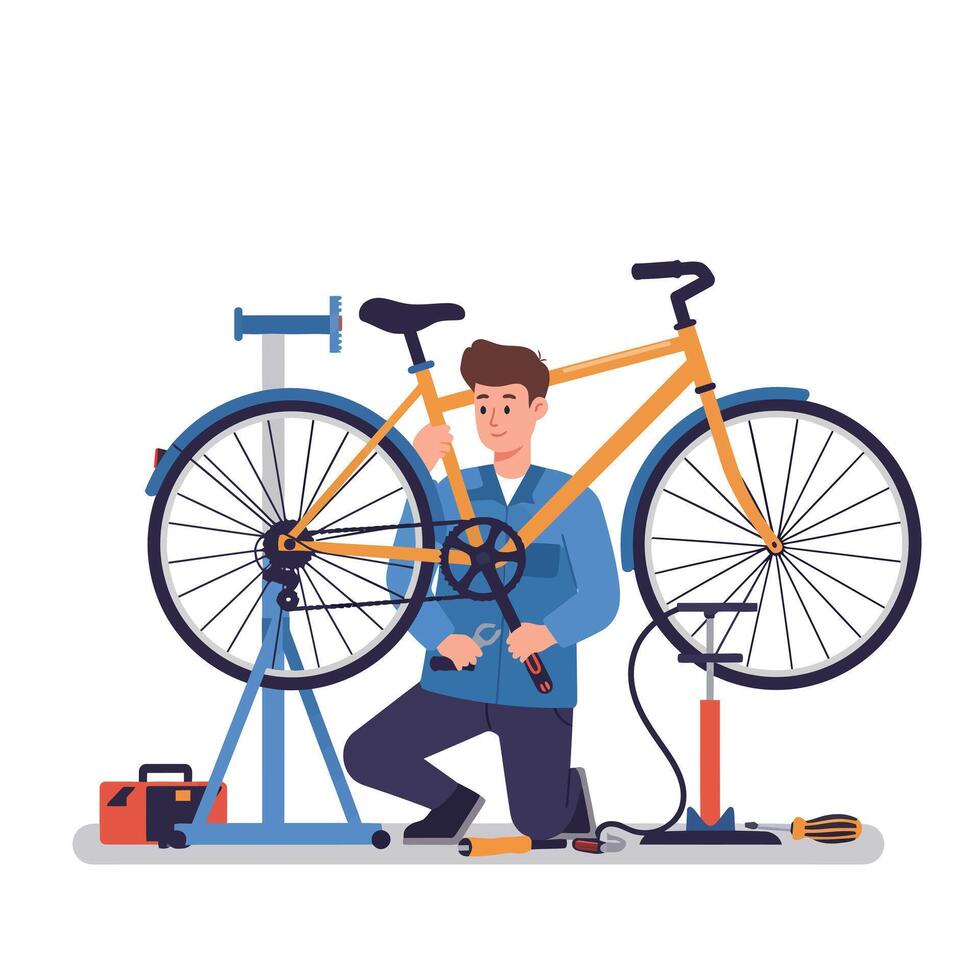 Bicycle repair process illustrated in flat design style featuring a mechanic working on a bike art vector