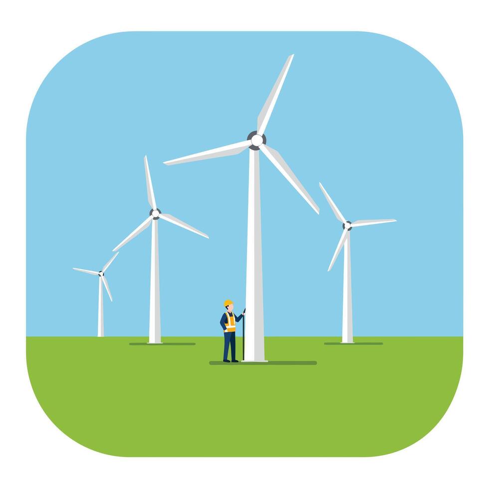 Wind turbine maintenance worker in flat design art illustration vector