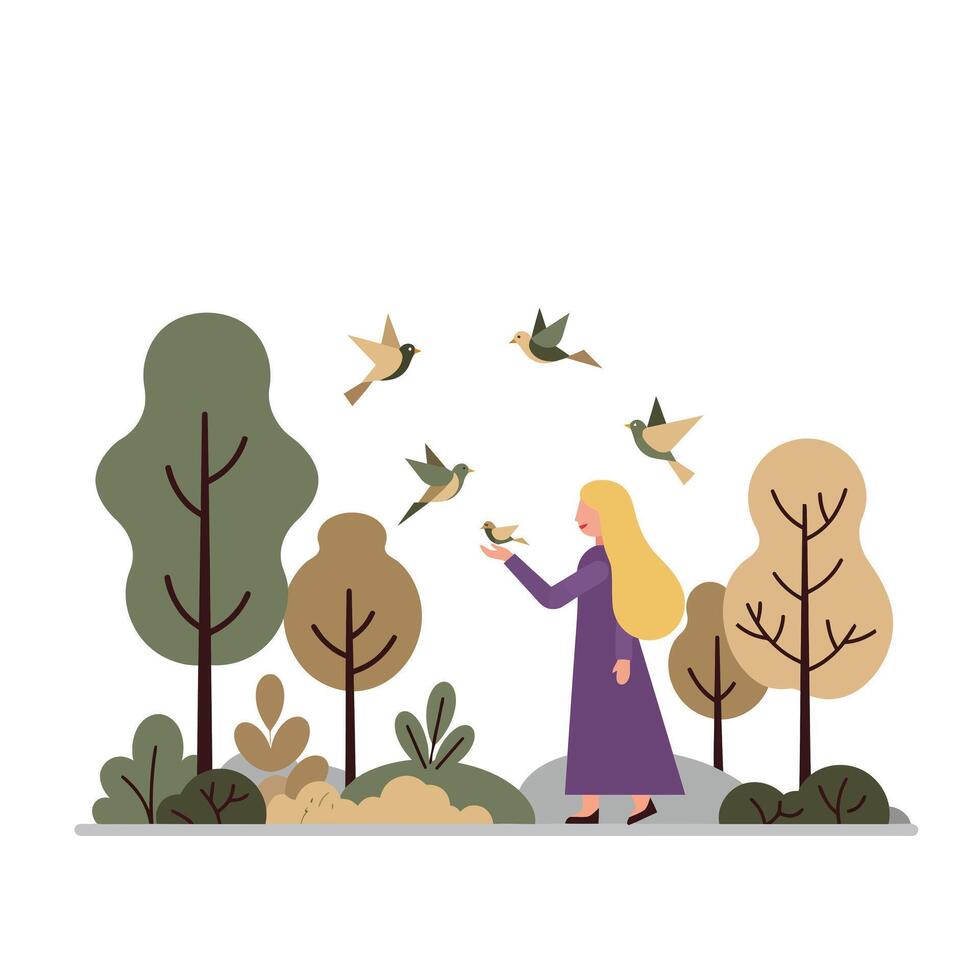 Woman feeding birds in a serene forest setting with minimal design illustration vector