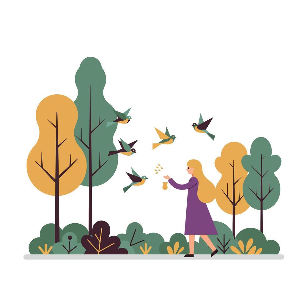 Woman feeding birds in a lush forest setting with flat art vector