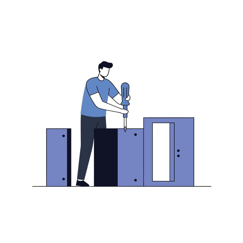Man assembling furniture with screwdriver in flat minimal art vector