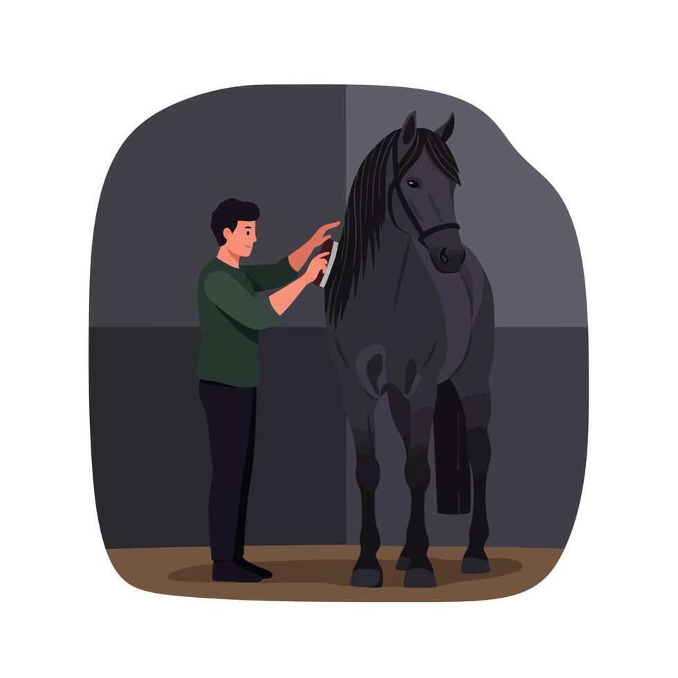 Person grooming a black horse in flat and minimal art vector