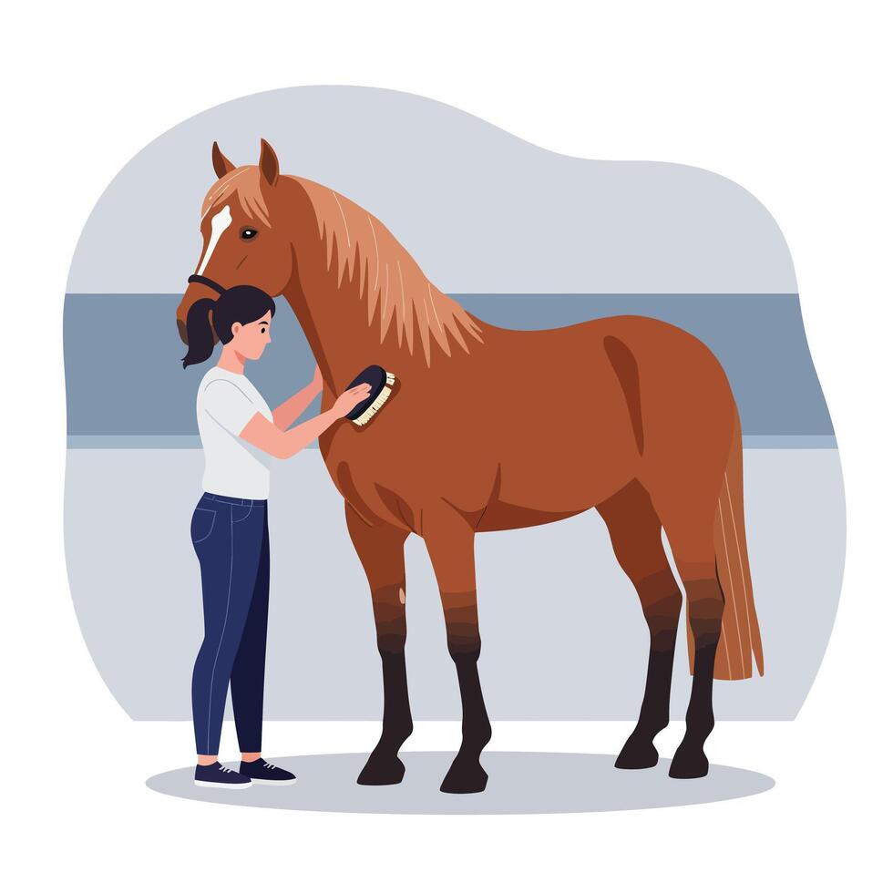 Woman grooming a brown horse in flat art style with detailed features vector