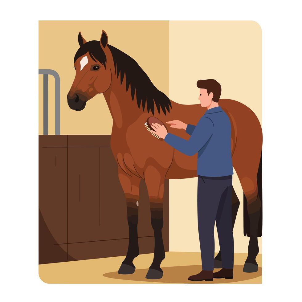 Person grooming a horse in a barn with flat art style illustration vector