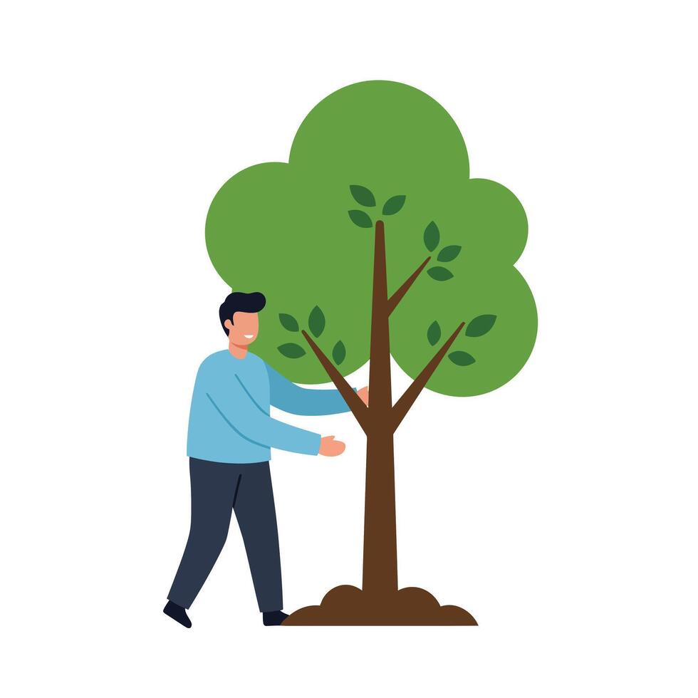 Man interacting with a tree in a flat design art illustration vector