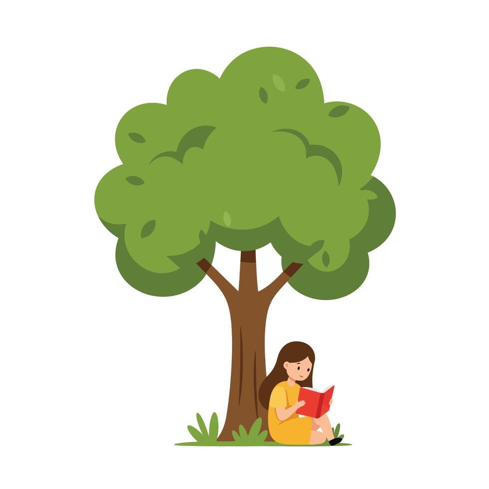 Girl reading a book under a large green tree in flat art vector