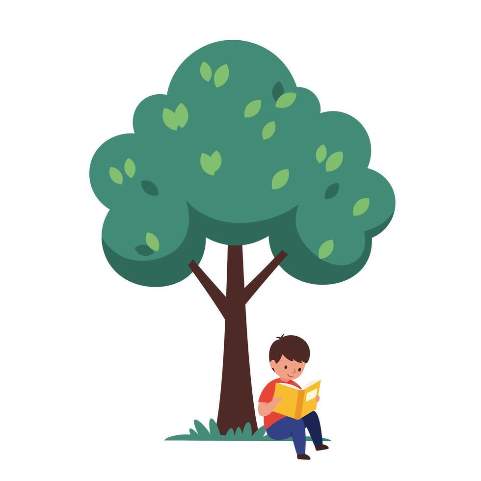 Boy reading a book under a large green tree in flat art vector