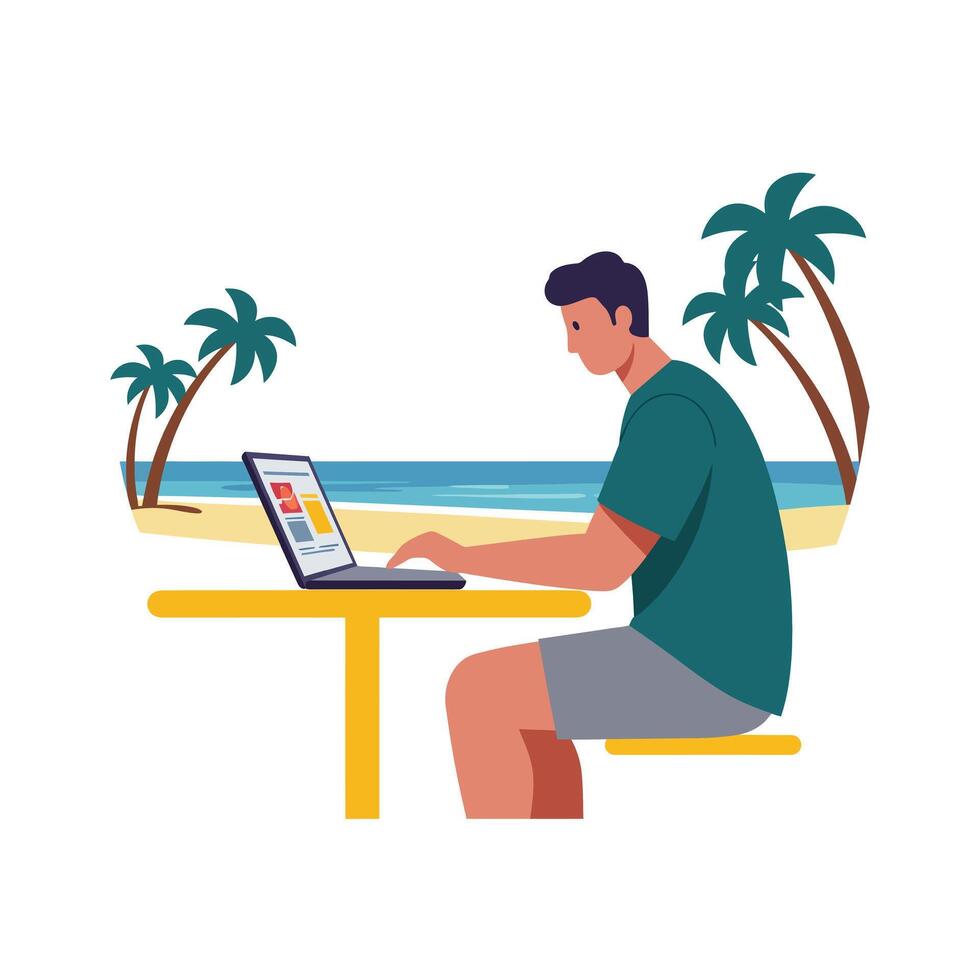 Man working on laptop at beach with palm trees in flat art vector