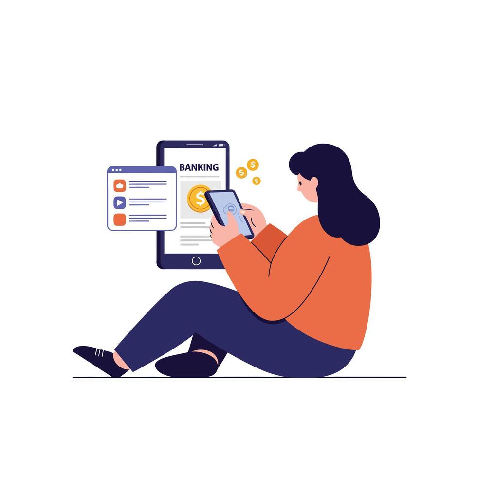 Person using smartphone for banking tasks in flat art illustration vector