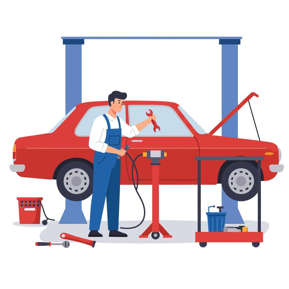 Mechanic working on red car with tools in flat art vector