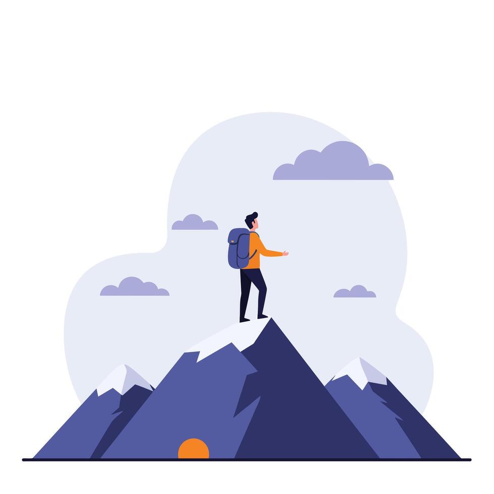Hiker on Mountain Peak in Minimal Style Illustration vector